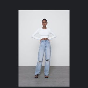 Zara Wide Leg Full Length Ripped Jeans